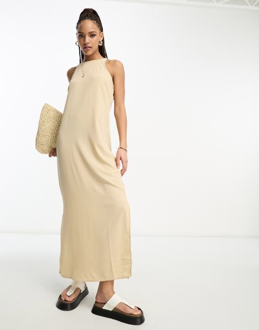 Vero Moda - Vestito lungo color pietra con scollo a vogatore
