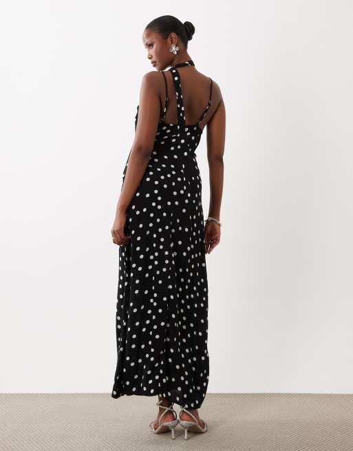 Vero Moda - Vestito lungo con spalline sottili e scollo a sciarpa nero a pois, 4 di 4