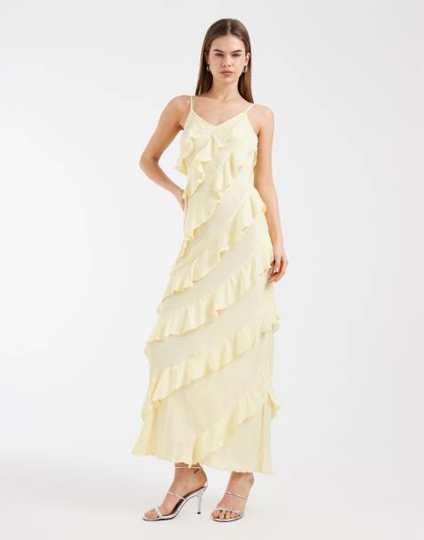 Vero Moda - Vestito lungo con spalline sottili e volant giallo pallido con taglio sbieco - view 1