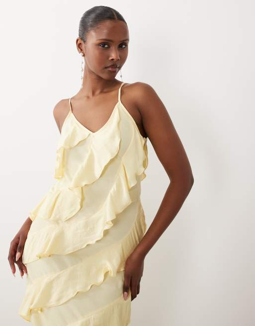 Vero Moda - Vestito lungo con spalline sottili e volant giallo pallido con taglio sbieco, 3 di 4