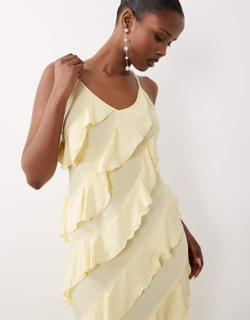 Vero Moda - Vestito lungo con spalline sottili e volant giallo pallido con taglio sbieco, 4 di 4