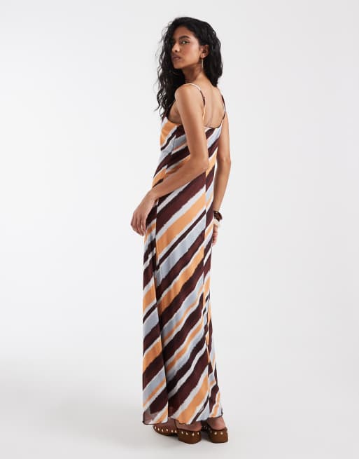 Vero Moda - Vestito lungo con spalline sottili in rete marrone e pastello a righe diagonali, 3 di 4