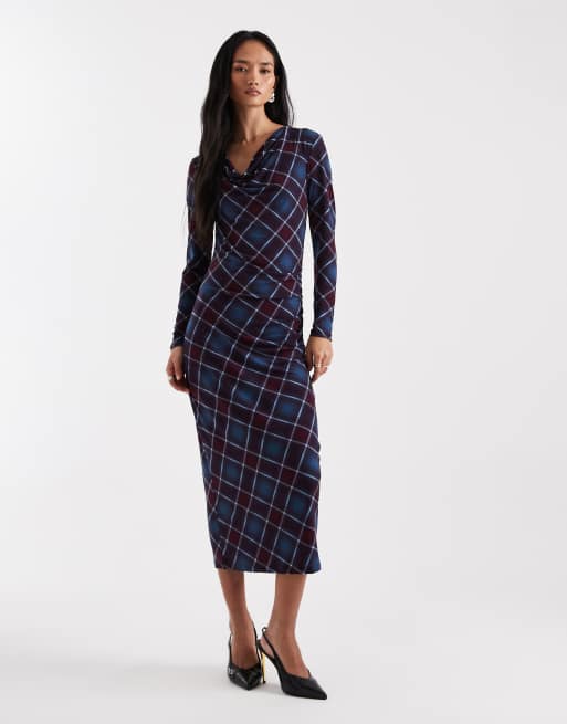 Vero Moda - Vestito lungo drappeggiato sul davanti con arricciature laterali e stampa a quadri color bordeaux e blu