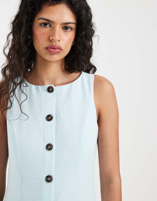 Vero Moda - Vestito lungo effetto lino blu delicato con bottoni sul davanti, 3 di 4