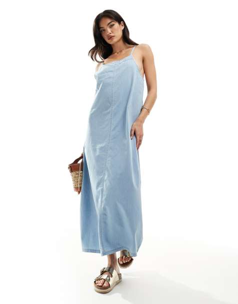 Vero Moda - Vestito lungo in chambray blu chiaro denim con scollo squadrato - view 1