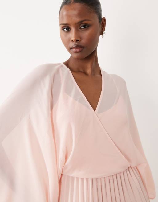Vero Moda - Vestito lungo in chiffon rosa con scollo profondo e maniche a mantella, 3 di 4