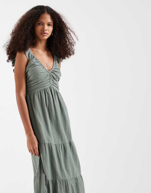 Vero Moda - Vestito lungo in cotone verde alloro arricciato con scollo profondo e balze, 2 di 4