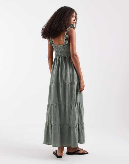 Vero Moda - Vestito lungo in cotone verde alloro arricciato con scollo profondo e balze, 4 di 4