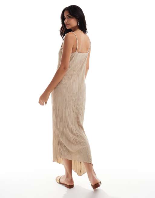 Vero Moda - Vestito lungo in jersey plissé beige con fondo asimmetrico, 4 di 4