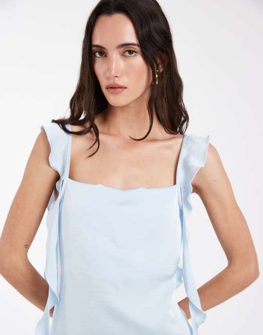 Vero Moda - Vestito lungo in raso blu arioso con scollo ad anello e volant drappeggiati, 3 di 4