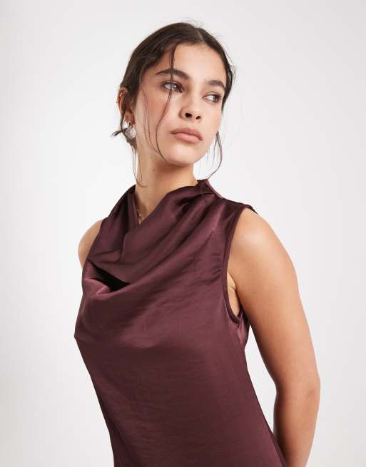 Vero Moda - Vestito lungo in raso color cioccolato con scollo drappeggiato, 2 di 4