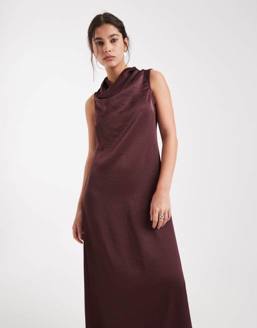 Vero Moda - Vestito lungo in raso color cioccolato con scollo drappeggiato, 3 di 4