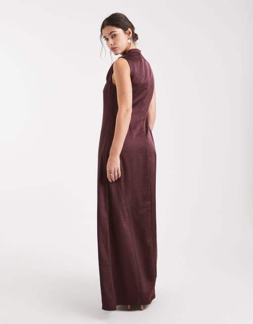 Vero Moda - Vestito lungo in raso color cioccolato con scollo drappeggiato, 4 di 4