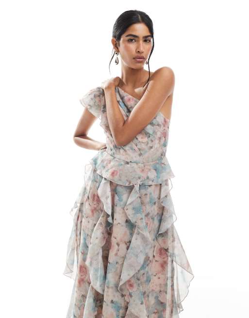 Vero Moda - Vestito lungo monospalla in chiffon con volant e stampa a fiori sfumati, 2 di 4