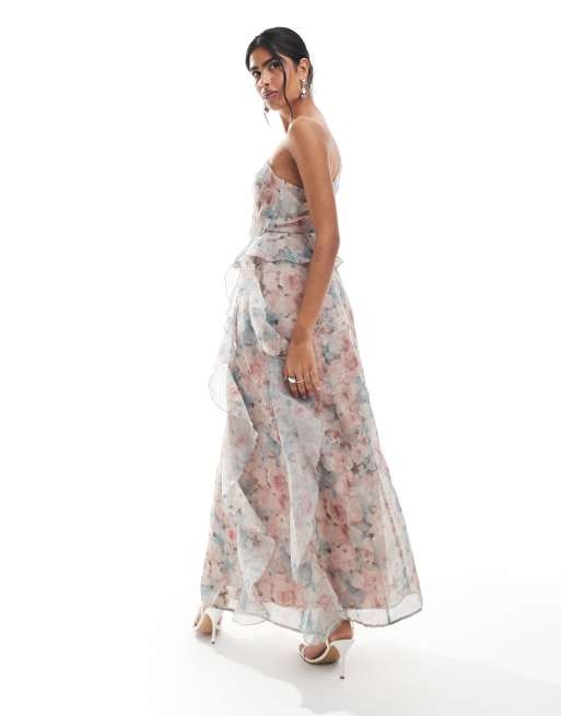 Vero Moda - Vestito lungo monospalla in chiffon con volant e stampa a fiori sfumati, 4 di 4
