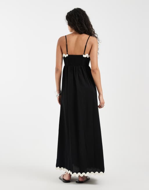 Vero Moda - Vestito lungo nero con spalline sottili e finiture smerlate a contrasto, 4 di 4