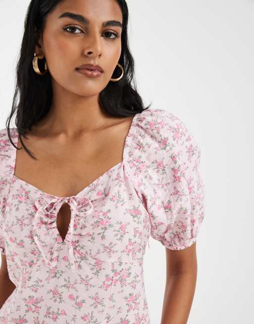 Vero Moda - Vestito lungo rosa a fiori con maniche a sbuffo e allacciatura sul davanti, 3 di 4
