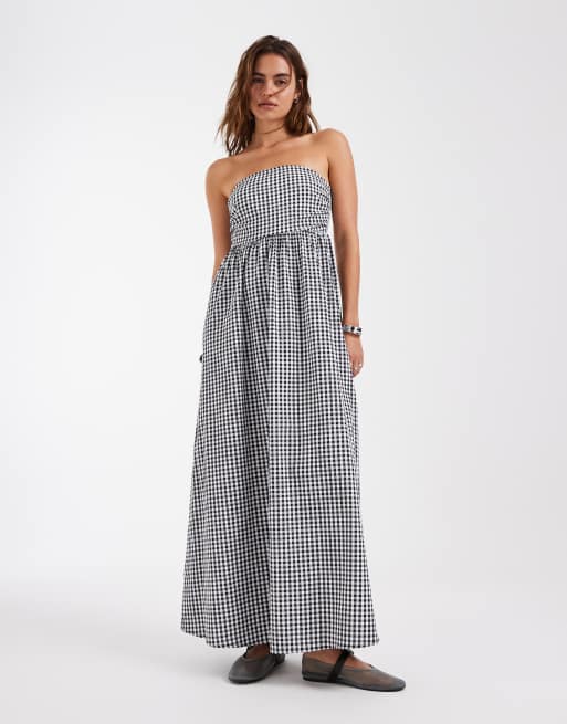 Vero Moda - Vestito midi a fascia con gonna a ruota nero e bianco a quadretti, 4 di 4