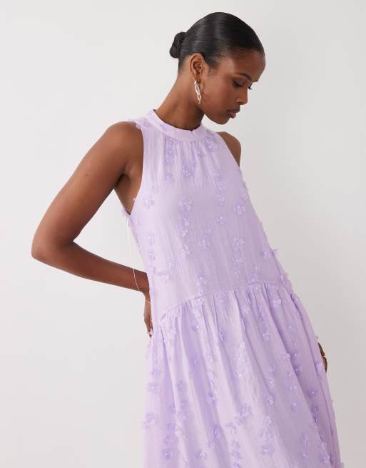 Vero Moda - Vestito midi accollato lilla a fiori con applicazioni 3D, 2 di 4