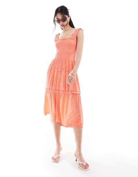 Vero Moda - Vestito midi arricciato con spalline color corallo a fiori - view 1
