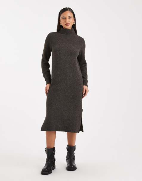 Vero Moda - Vestito midi con collo alto in maglia morbida color cioccolato mélange - view 1