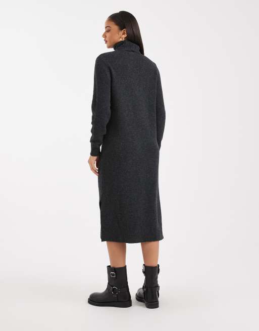 Vero Moda - Vestito midi con collo alto in maglia morbida grigio scuro mélange, 2 di 4