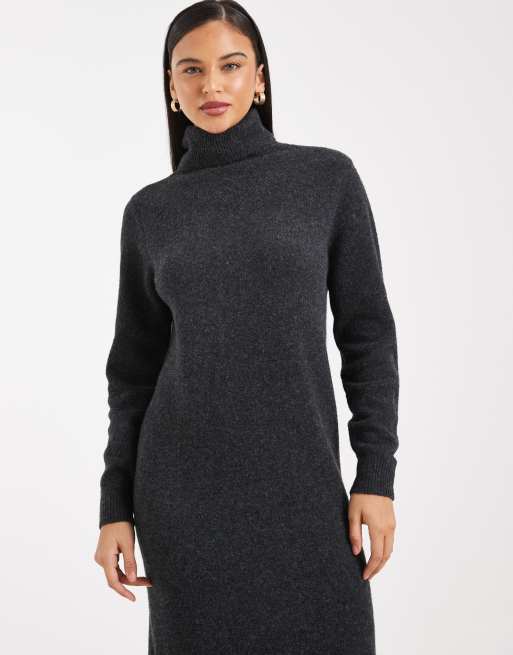 Vero Moda - Vestito midi con collo alto in maglia morbida grigio scuro mélange, 4 di 4