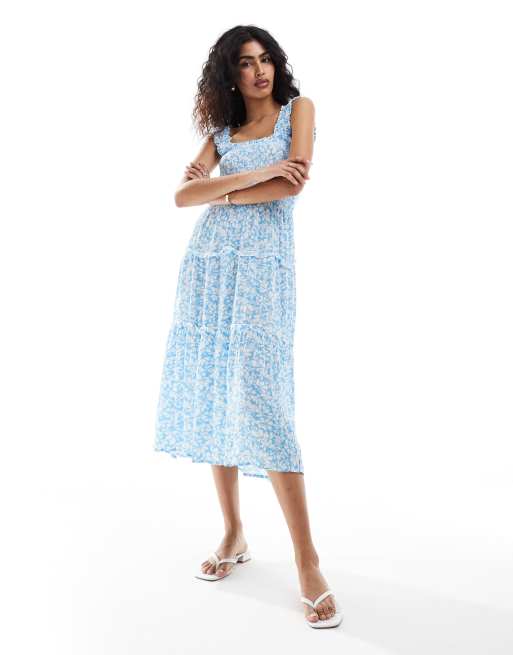 Vero Moda - Vestito midi con spalline sottili arricciato azzurro a fiori