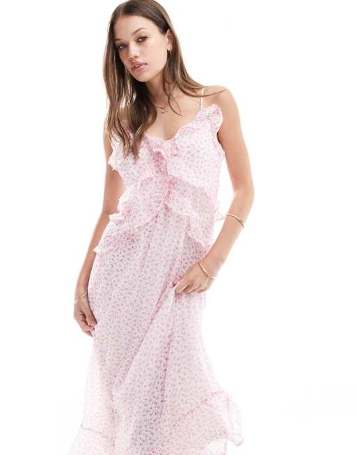 Vero Moda - Vestito midi con spalline sottili e scollo a V rosa a fiori con volant