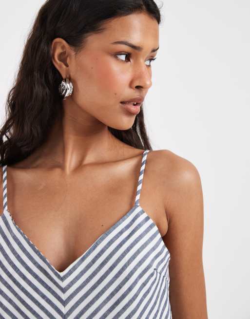 Vero Moda - Vestito midi effetto lino con spalline sottili blu navy e bianco a righe, 2 di 4