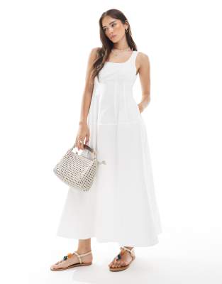Vero Moda - Vestito midi in popeline di cotone bianco stretto in vita - view 1