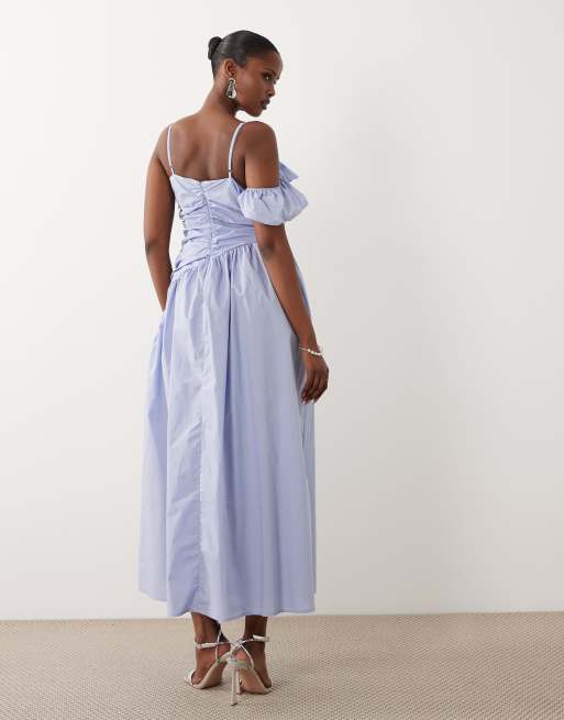 Vero Moda - Vestito midi monospalla arricciato in popeline di cotone blu, 3 di 4