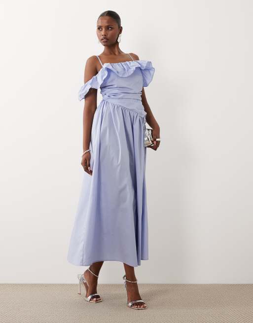 Vero Moda - Vestito midi monospalla arricciato in popeline di cotone blu, 4 di 4