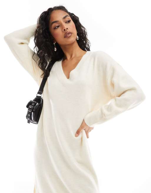 Vero Moda - Vestito midi oversize in maglia color crema mélange con scollo a V, 4 di 4
