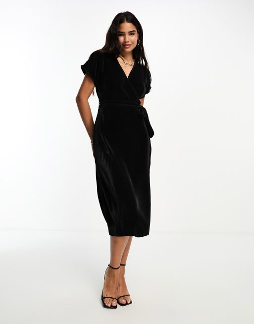 Vero Moda Vestito midi plissettato a portafoglio nero ASOS
