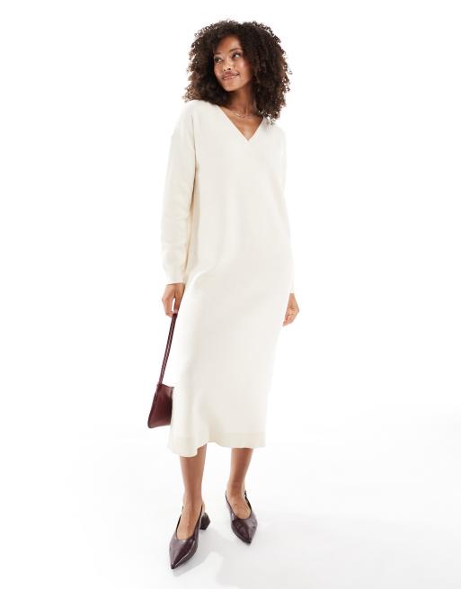 Vero Moda - Vestito midi premium in maglia color crema con scollo a V