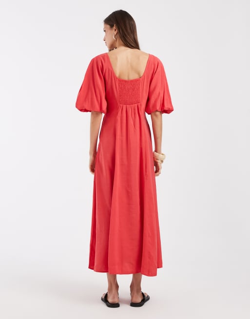 Vero Moda - Vestito midi rosso con cuciture a vista, maniche a sbuffo e pieghe, 4 di 4