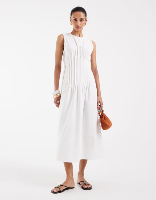 Vero Moda - Vestito midi senza maniche in popeline bianco a pieghe in vita, 2 di 4