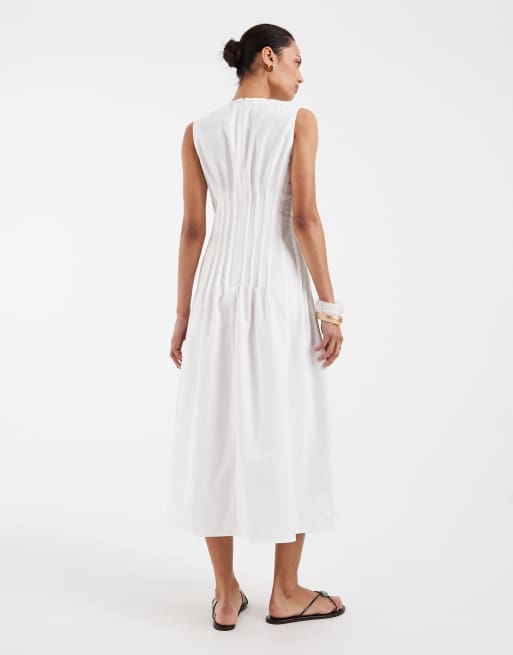 Vero Moda - Vestito midi senza maniche in popeline bianco a pieghe in vita, 4 di 4