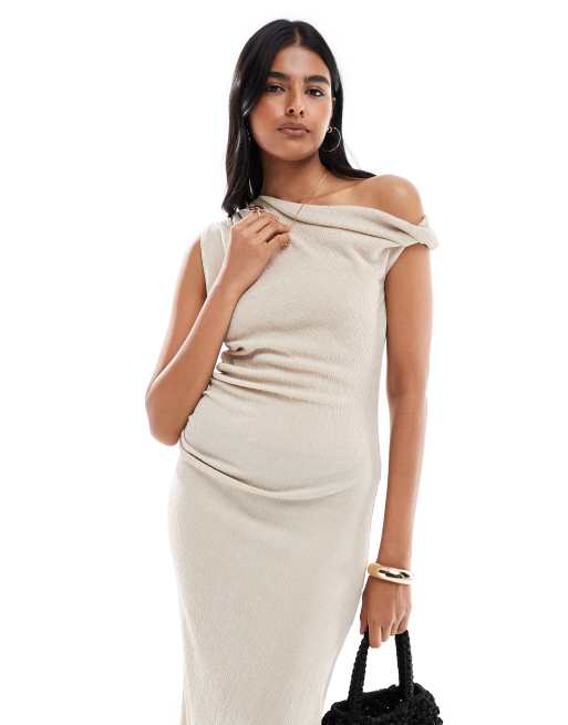 Vero Moda - Vestito midi testurizzato color pietra con spalline asimmetriche, 3 di 4