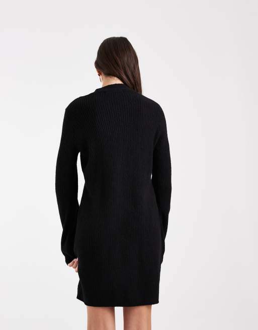 Vero Moda vestito mini in maglia nero mélange con bottoni davanti e maniche a palloncino, 4 di 4