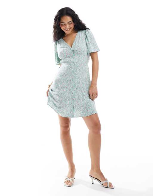 Vero Moda - Vestito skater corto verde menta a fiori con bottoni, 3 di 4
