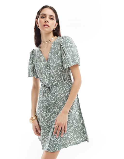 Vero Moda - Vestito skater corto verde salvia a pois con bottoni, 2 di 4