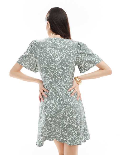 Vero Moda - Vestito skater corto verde salvia a pois con bottoni, 4 di 4