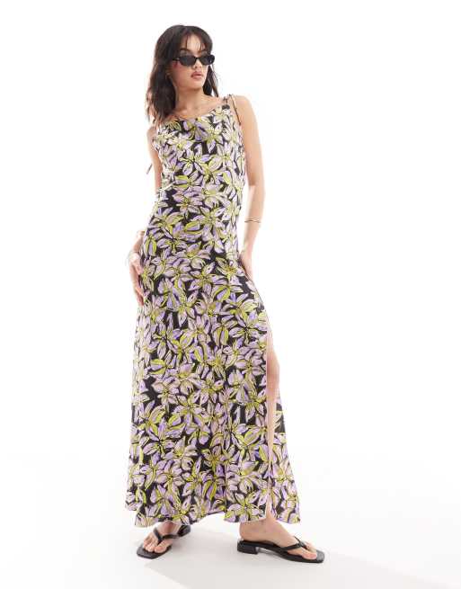 Vero Moda - Vestito sottoveste lungo in raso con laccetti sulle spalle e dettaglio con cuciture a vista viola con stampa