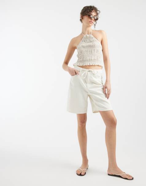 Vero Moda - Villa - Denim bermudashort met halfhoge taille en gestrikte taille in ecru met wassing - view 1