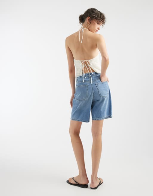 Vero Moda - Villa - Denim bermudashort met halfhoge taille en gestrikte taille in lichtblauwe wassing, 5 van 5