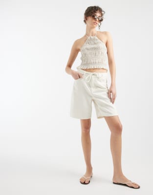 Vero Moda Villa Mid-rise Tie Waist Denim Bermuda Shorts In White