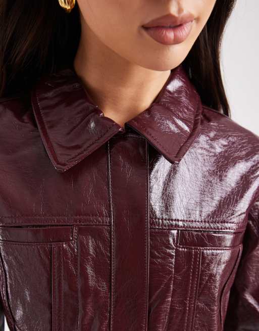 Vero Moda – Vinröd jacka i vinyl med indragen midja, del av set, 3 av 4