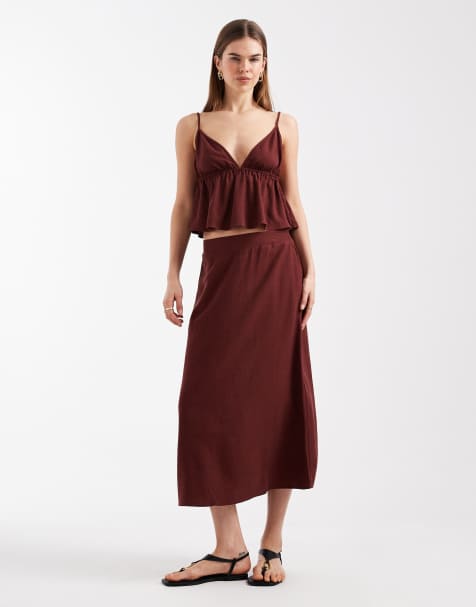 Vero Moda – Vinröd midikjol med linnekänsla, del av set - view 1